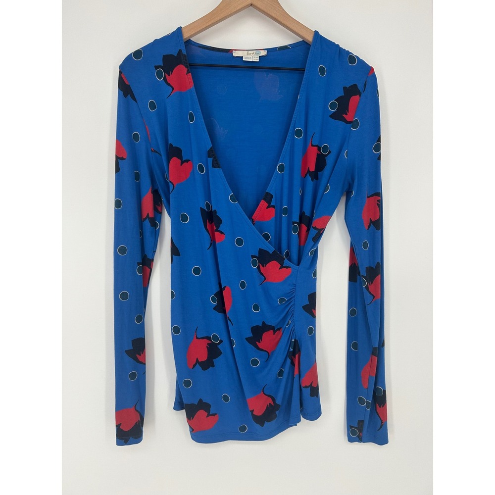 Boden Faux Wrap Top 10R Blue Floral Dot Long Sleeve Stretch Oriental Preppy